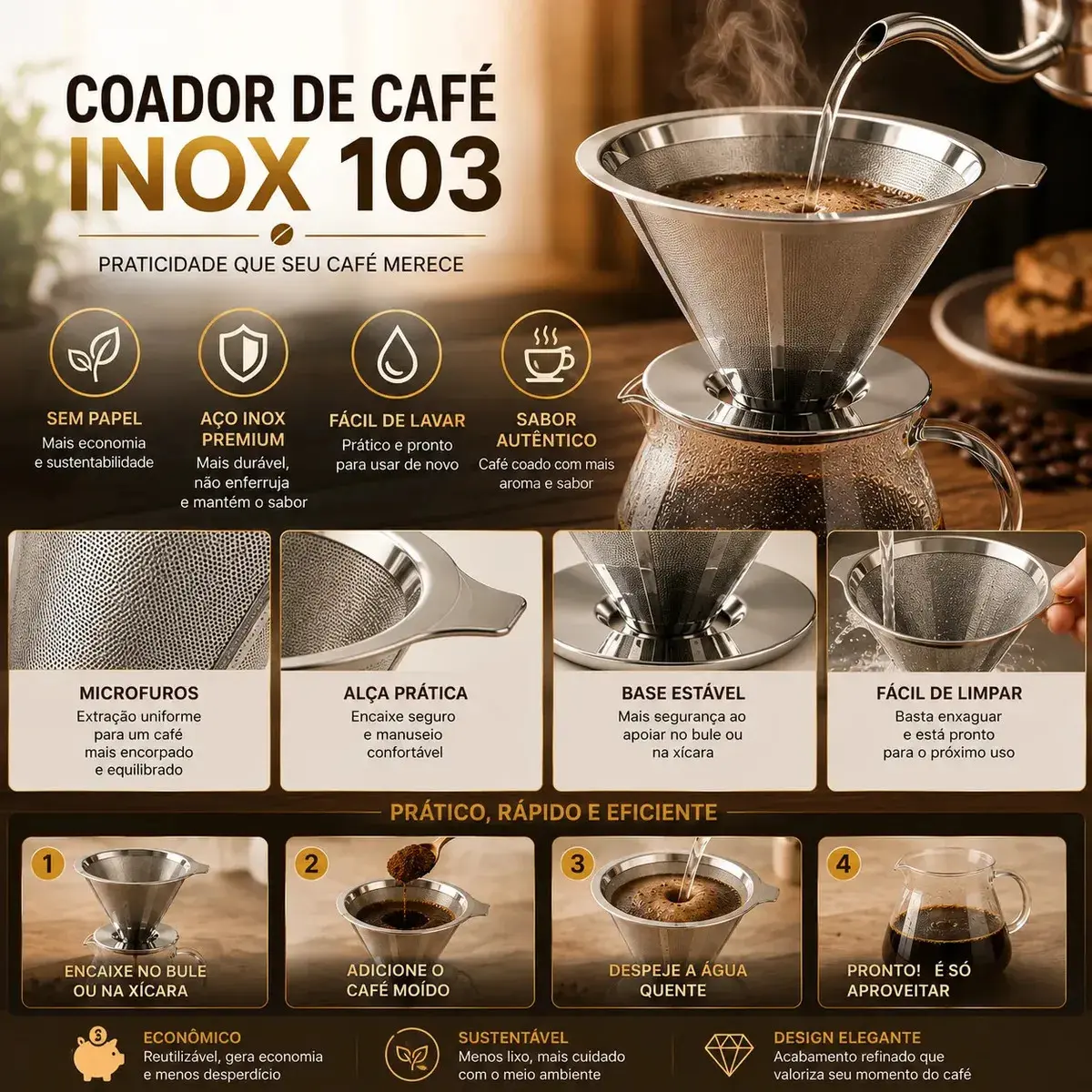 Coador De Café Inox 103 Com Filtro Permanente Reutilizável Aço Inox Premium Durável Fácil De Lavar Passador De Café Grande Sem Papel Para Café Tradicional Gourmet Pétalas Douradas thumbnail 2