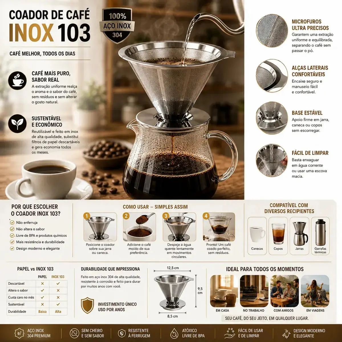 Coador De Café Inox 103 Com Filtro Permanente Reutilizável Aço Inox Premium Durável Fácil De Lavar Passador De Café Grande Sem Papel Para Café Tradicional Gourmet Pétalas Douradas thumbnail 3