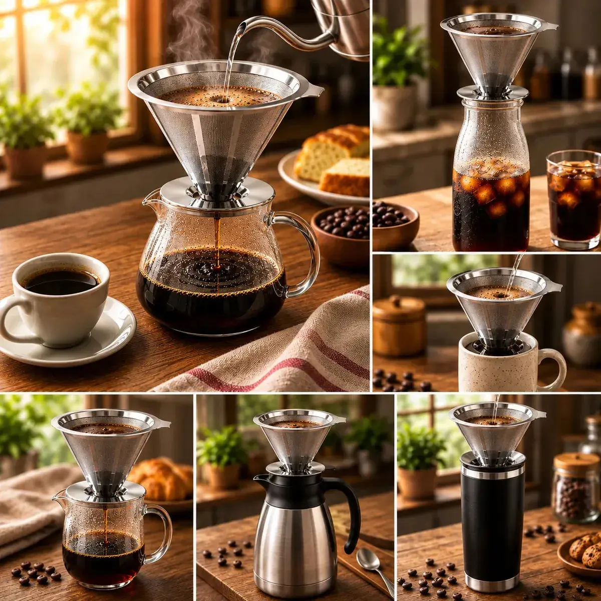 Coador De Café Inox 103 Com Filtro Permanente Reutilizável Aço Inox Premium Durável Fácil De Lavar Passador De Café Grande Sem Papel Para Café Tradicional Gourmet Pétalas Douradas thumbnail 4