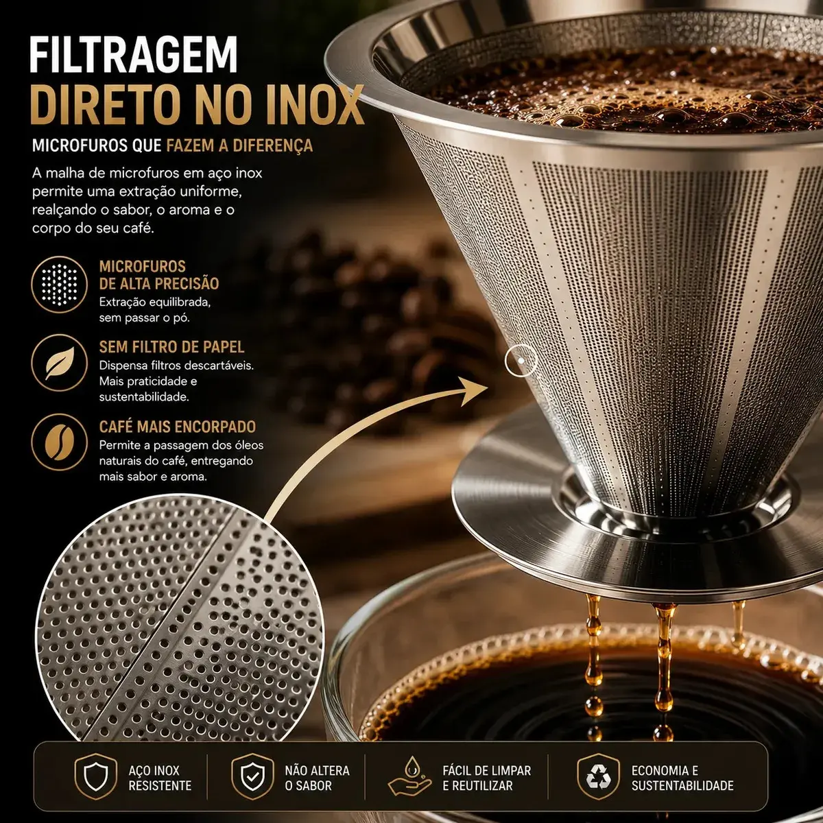 Coador De Café Inox 103 Com Filtro Permanente Reutilizável Aço Inox Premium Durável Fácil De Lavar Passador De Café Grande Sem Papel Para Café Tradicional Gourmet Pétalas Douradas thumbnail 5