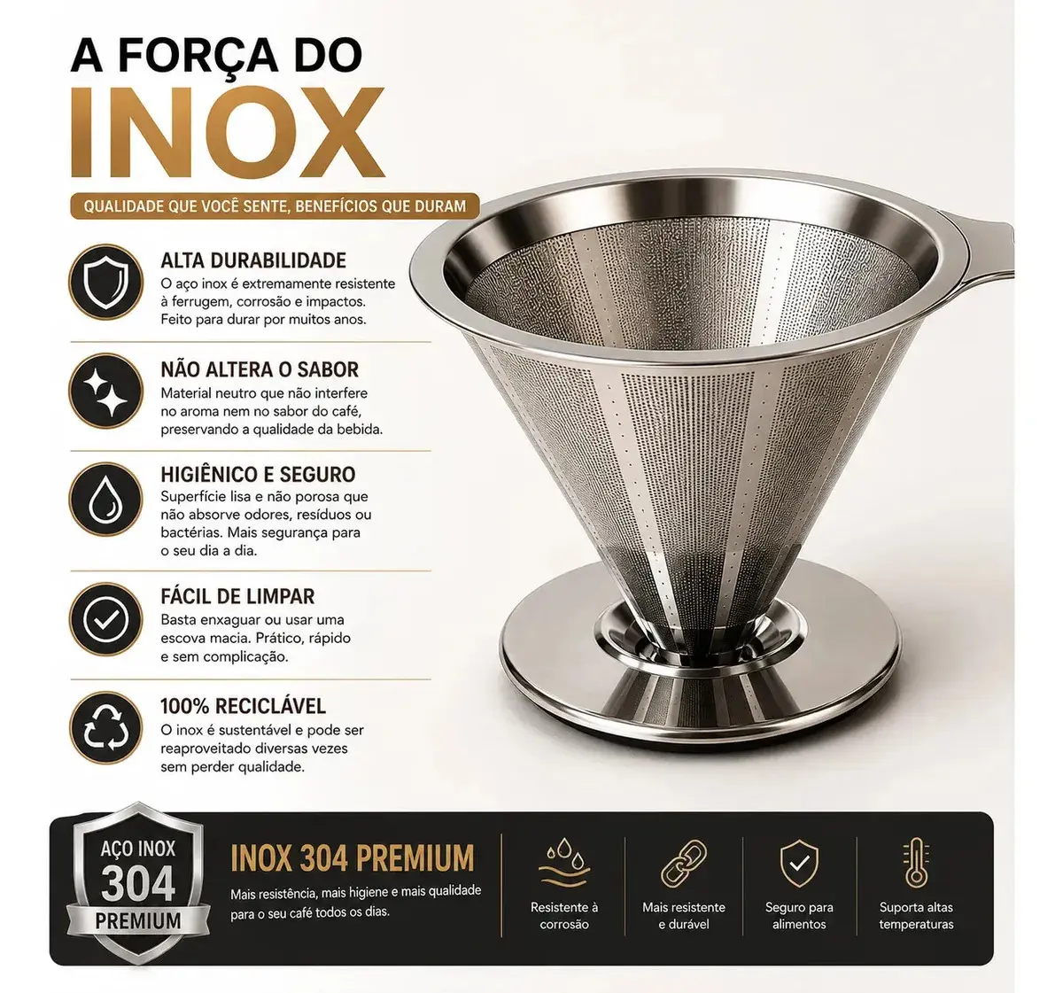 Coador De Café Inox 103 Com Filtro Permanente Reutilizável Aço Inox Premium Durável Fácil De Lavar Passador De Café Grande Sem Papel Para Café Tradicional Gourmet Pétalas Douradas thumbnail 6