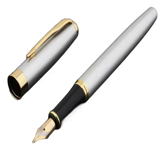 Caneta Fina Tinteiro Pena Luxo Preta Exterior Prateado 3mm Metal - 1