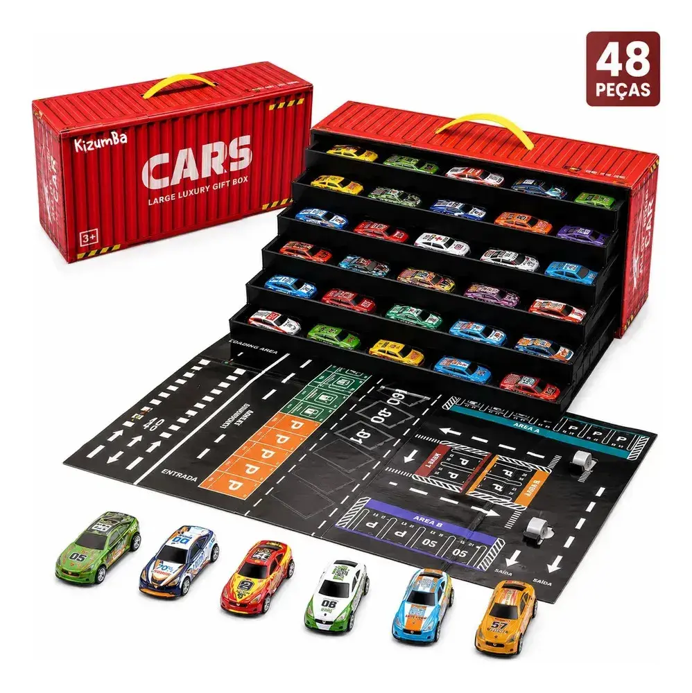 Kit 48 Mini Carrinhos Infantil Colecionador Educativos Com Pista Container Vermelho Liga Metálica Kizumba - 1