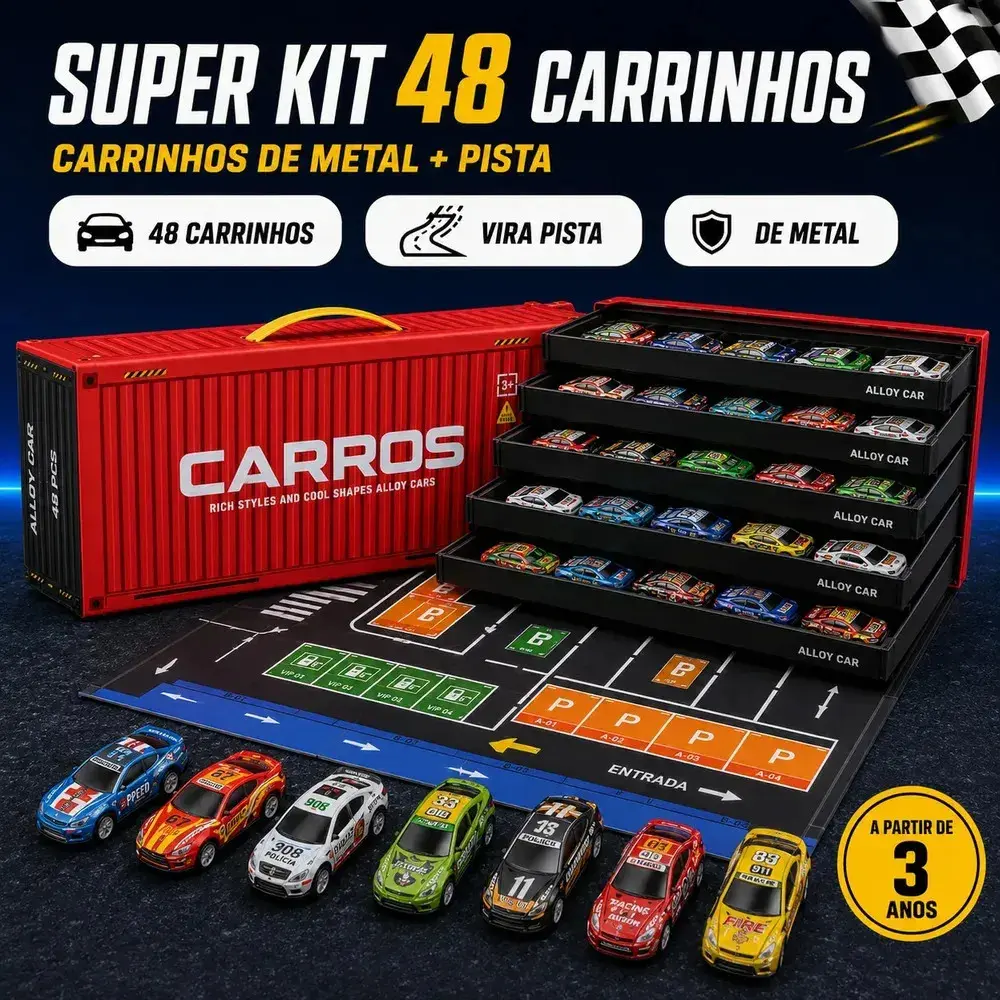 Kit 48 Mini Carrinhos Infantil Colecionador Educativos Com Pista Container Vermelho Liga Metálica Kizumba thumbnail 3