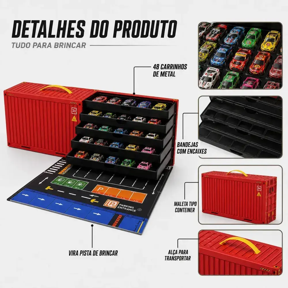 Kit 48 Mini Carrinhos Infantil Colecionador Educativos Com Pista Container Vermelho Liga Metálica Kizumba thumbnail 6