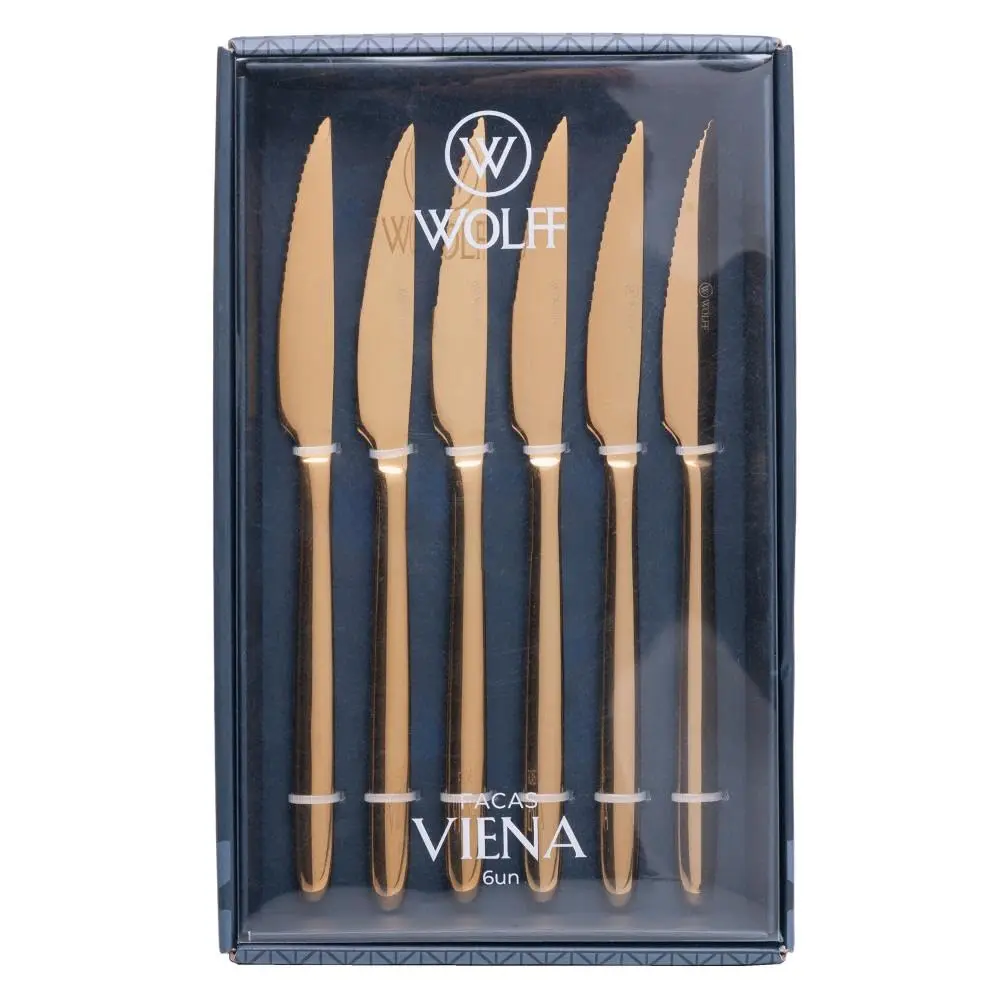 WOLFF - Conjunto 6 Facas para Churrasco Viena Dourado Aço Inox