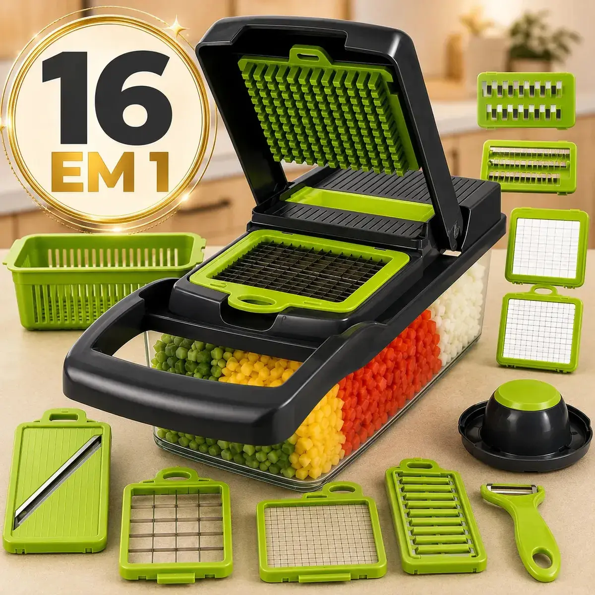 Cortador Fatiador Ralador De Legumes Sólar Frutas Vegetais Triturador Picador Manual 16 Peças para Cozinha Mandolin Inox - 1