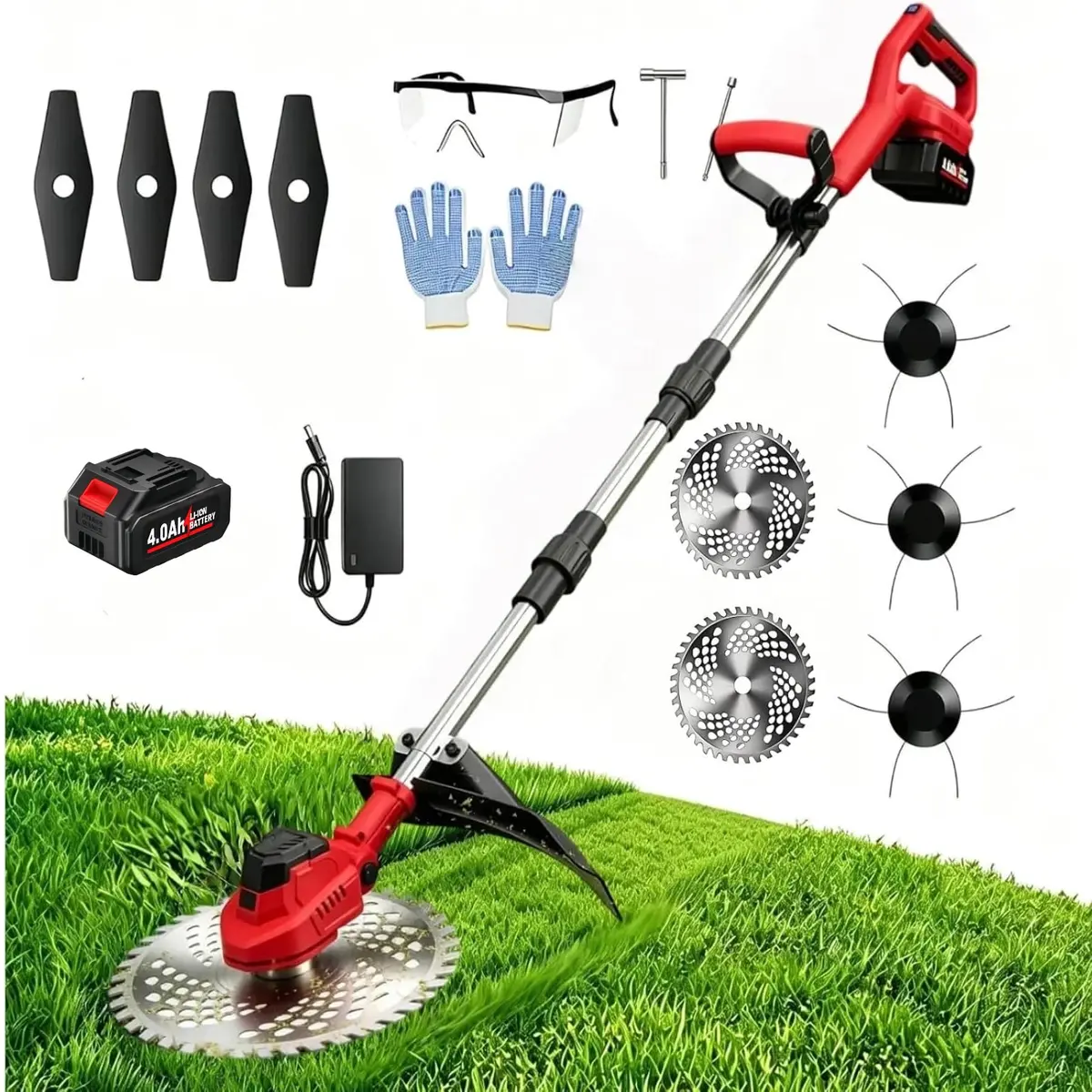Roçadeira Elétrica a Bateria 1500W 25000RPM, Cortador de Grama Leve 2kg com Display LED, Haste Ajustável 120cm e 3 Tipos de Lâminas