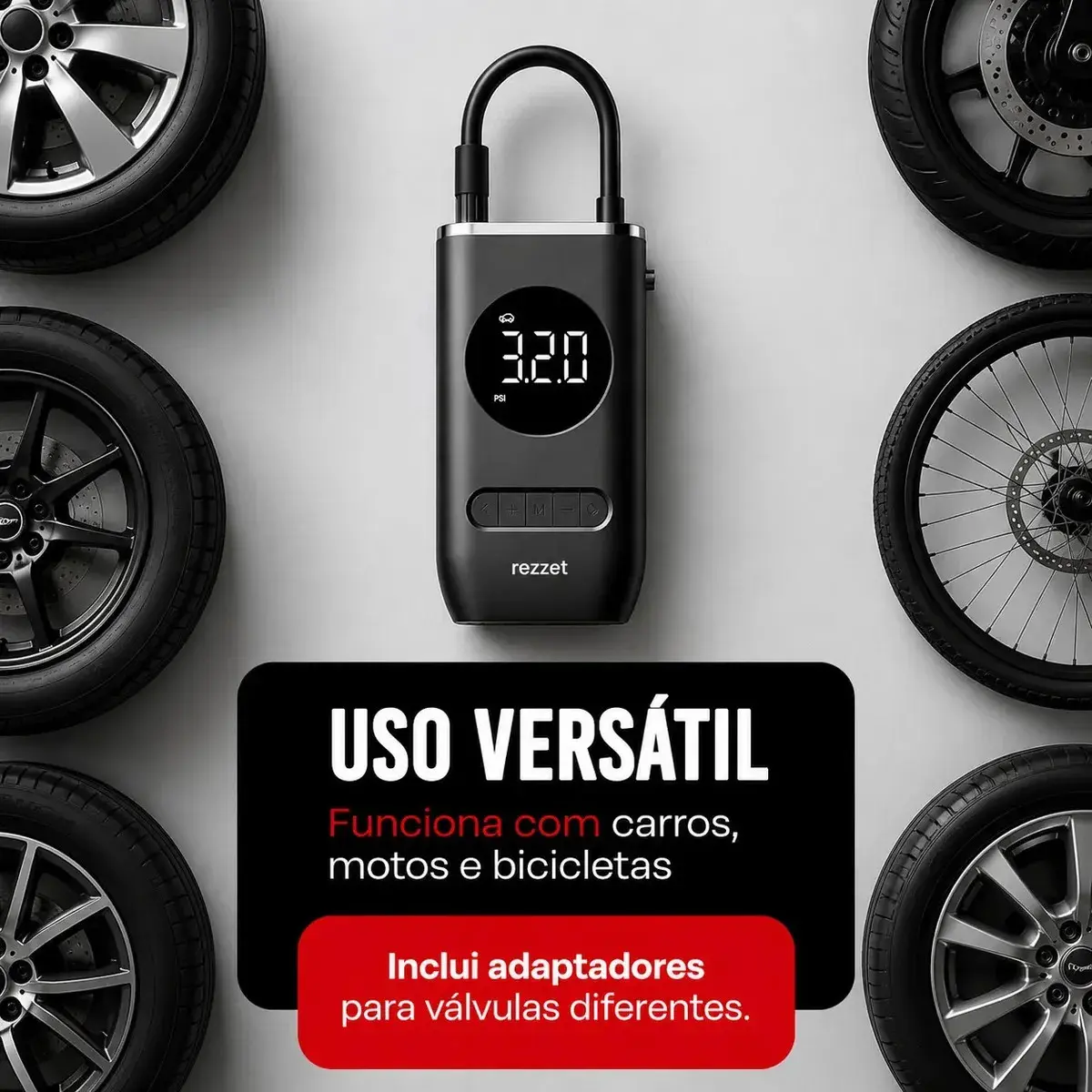 Mini Compressor Digital Portátil para Carro Moto e Bicicleta com Calibrador Digital Inflador Elétrico de Pneus LCD Lanterna LED Compacto e Recarregável Preto Marca Rezzet thumbnail 2