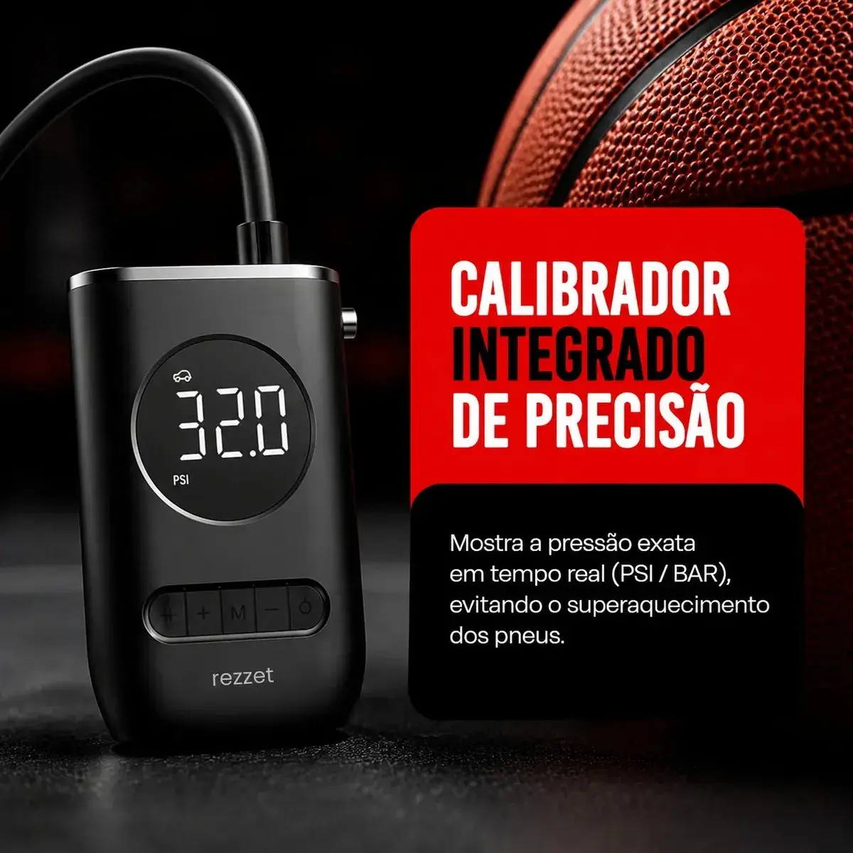 Mini Compressor Digital Portátil para Carro Moto e Bicicleta com Calibrador Digital Inflador Elétrico de Pneus LCD Lanterna LED Compacto e Recarregável Preto Marca Rezzet thumbnail 4