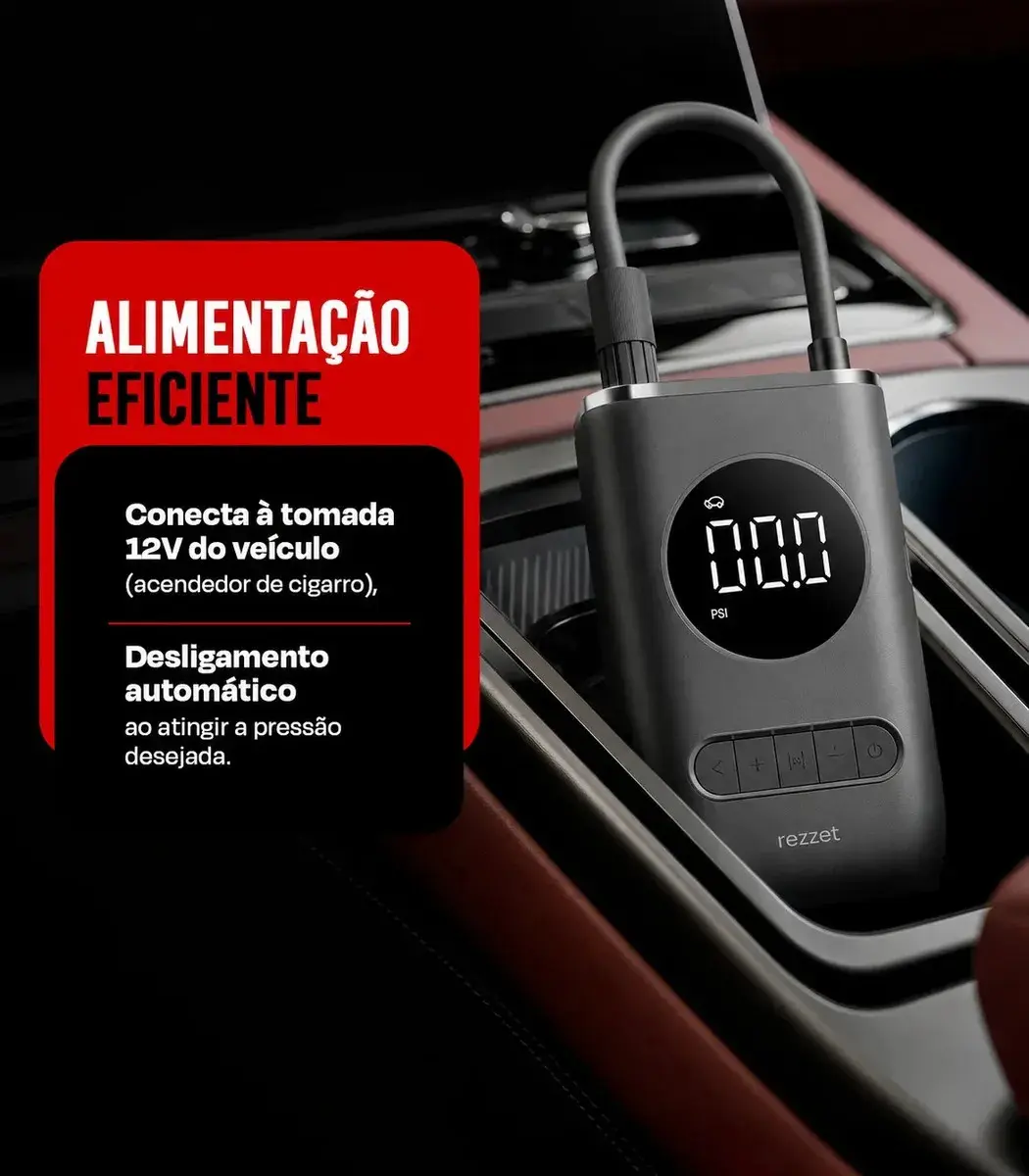 Mini Compressor Digital Portátil para Carro Moto e Bicicleta com Calibrador Digital Inflador Elétrico de Pneus LCD Lanterna LED Compacto e Recarregável Preto Marca Rezzet thumbnail 5