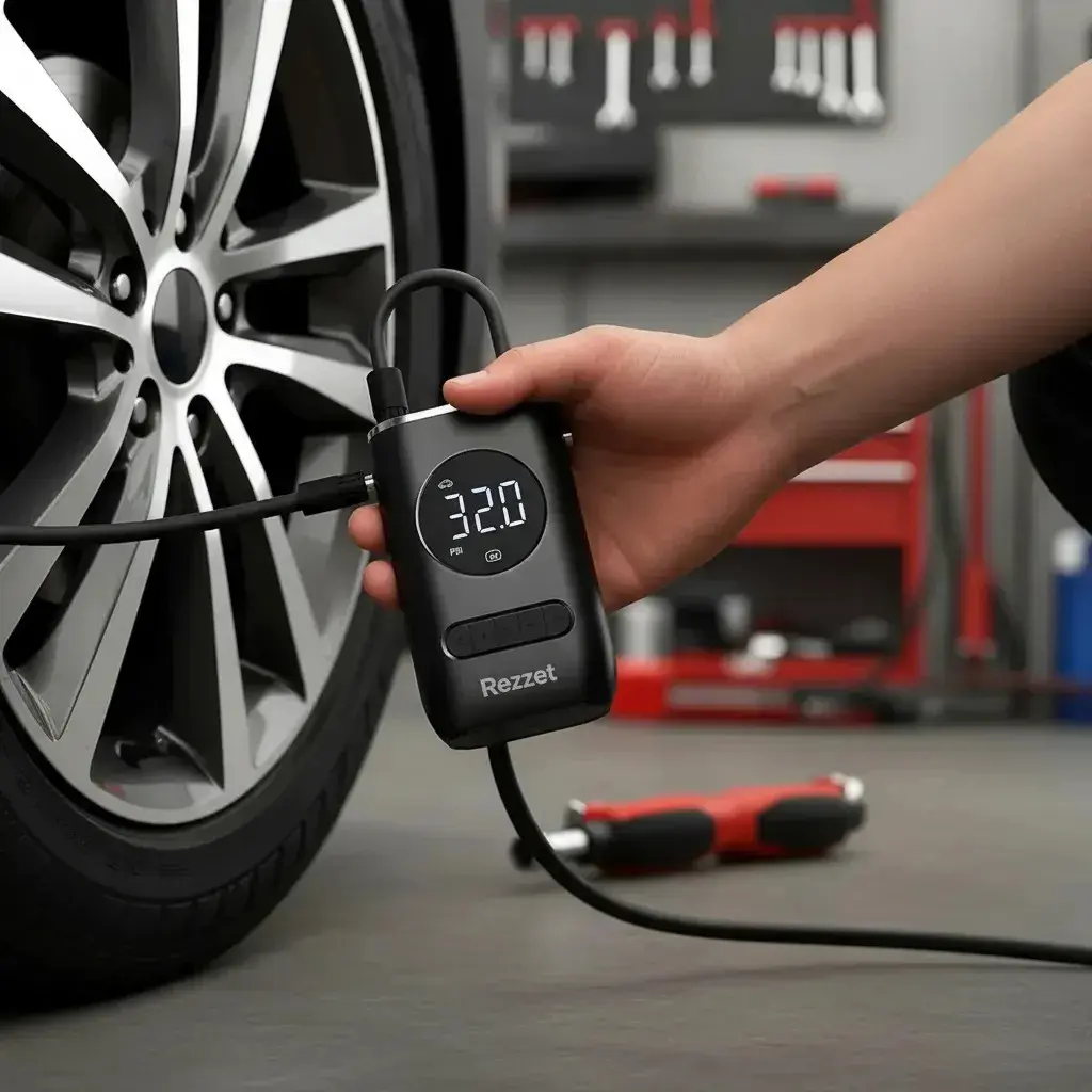 Mini Compressor Digital Portátil para Carro Moto e Bicicleta com Calibrador Digital Inflador Elétrico de Pneus LCD Lanterna LED Compacto e Recarregável Preto Marca Rezzet thumbnail 7