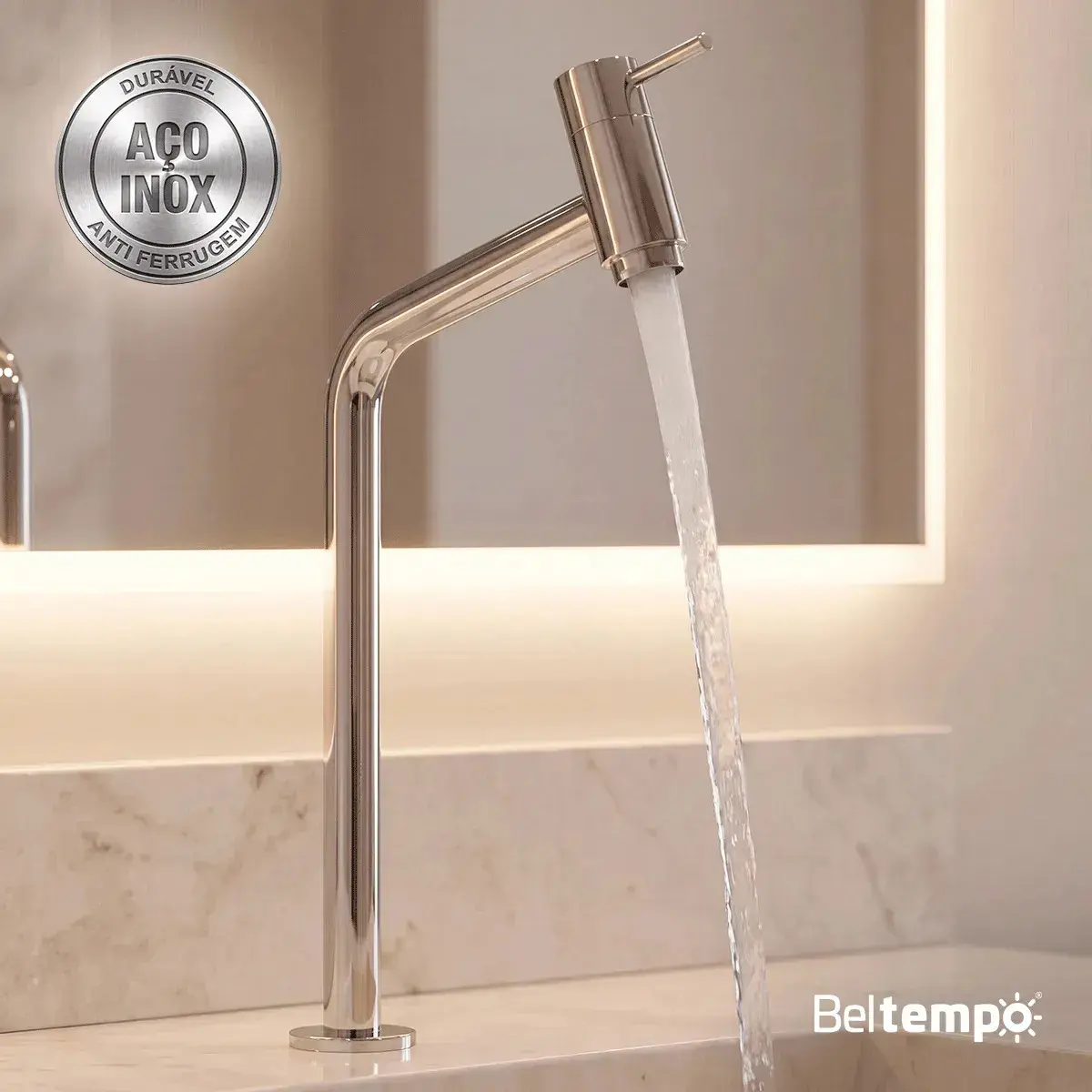 Torneira Banheiro Lavabo Bica Alta Bancada Inox Cromada Link 45° Beltempo