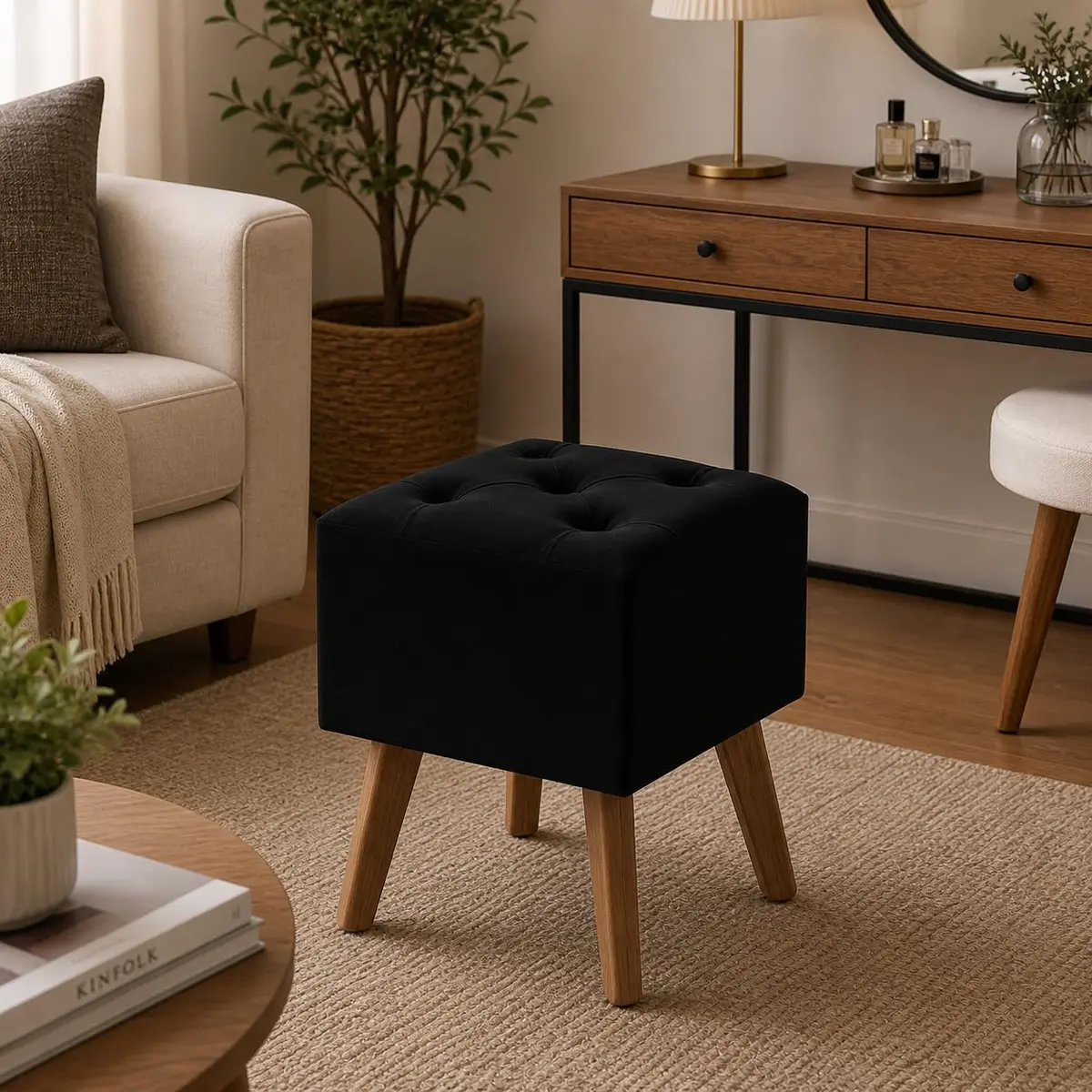 Puff Quadrado Capitonê | Design capitonê, acabamento estofado e pés palito de madeira para sala, quarto, closet ou penteadeira - 1