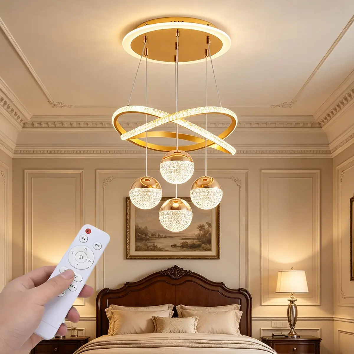 Lustre Moderno para Sala de Jantar Luminária Pendente de Teto LED 90W com Controle Remoto e Regulável Dimerizável para Sala de estar, Quarto Ajustável em altura (Dourado)