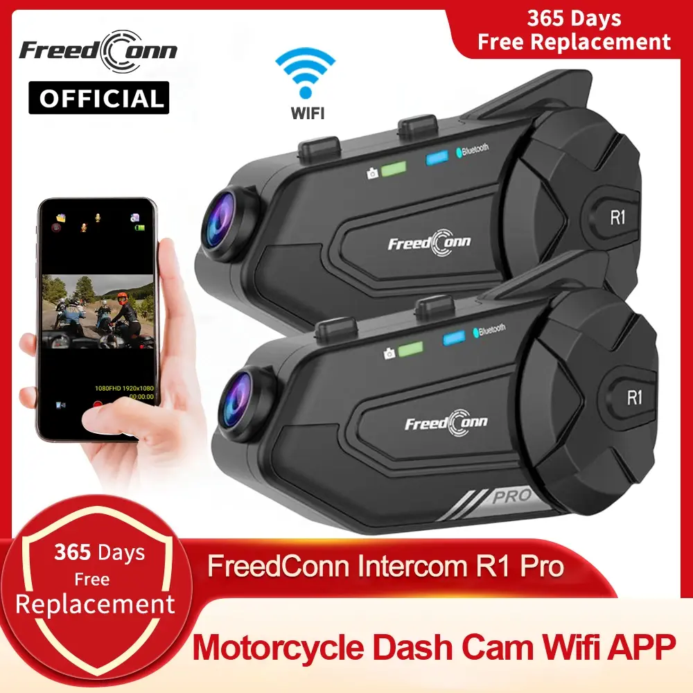 Freedconn r1 pro bluetooth motocicleta interfone capacete fone de ouvido grupo alto-falante fone wi fi app moto traço cam moto auto dvr
