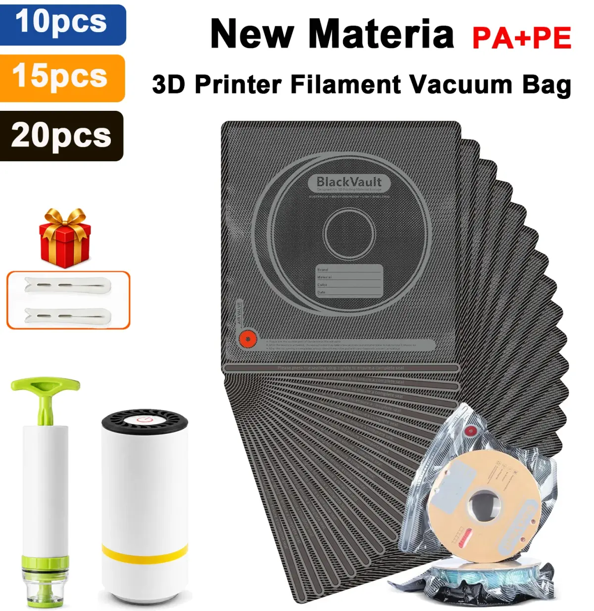 Kit de Sacos de Armazenamento a Vácuo para Filamento 3D, Sacos Reutilizáveis à Prova de Luz, Selados, à Prova de Poeira e Resistentes à Umidade para PLA, PETG, ABS, TPU, ASA, PA, PC, DP