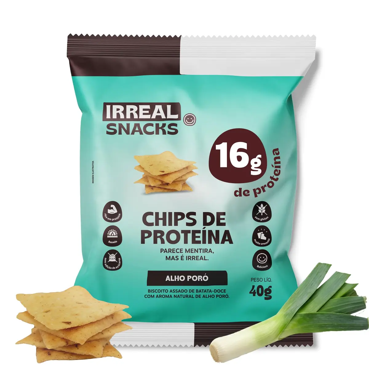 Irreal Snacks, Sabor Alho Poró, 40g | Snack proteico, Feito com Batata Doce, Caseinato de Cálcio e Proteína de Arroz