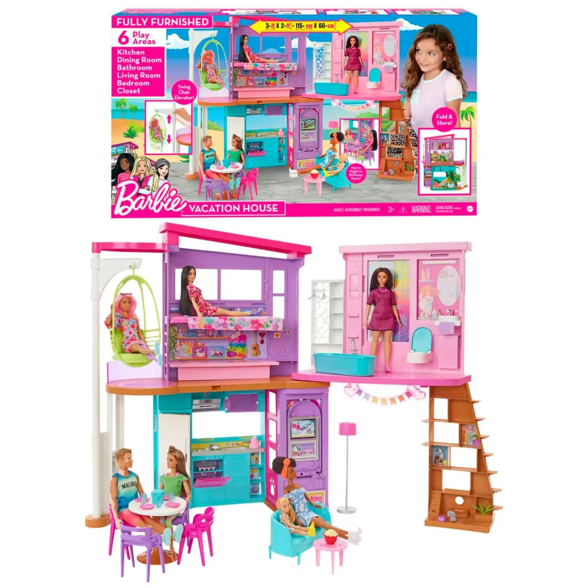 Casa de Bonecas Barbie Malibu Mattel. Casa com dois andares, móveis e mais de 30 peças para brincar e criar histórias. para crianças a partir dos 3 anos. - 1