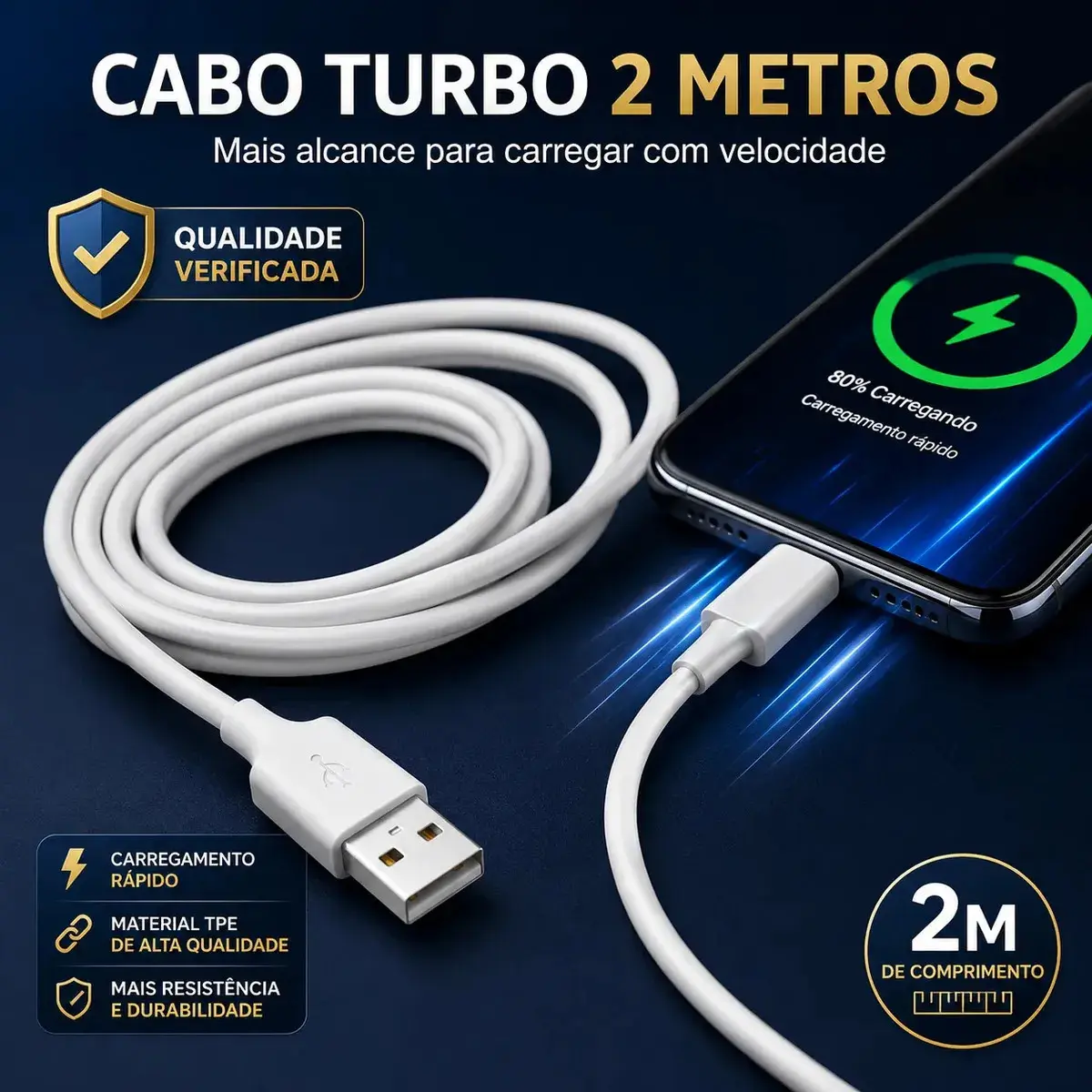 Cabo Carregador Turbo Usb 2 Metros Compatível Com iPhone 6 7 8 X Xr Xs 11 12 13 14 Pro Max iPad E iPod Ultra Resistente Design Clássico Carregamento Rápido Sincronização De Dados Eletric Teck thumbnail 2