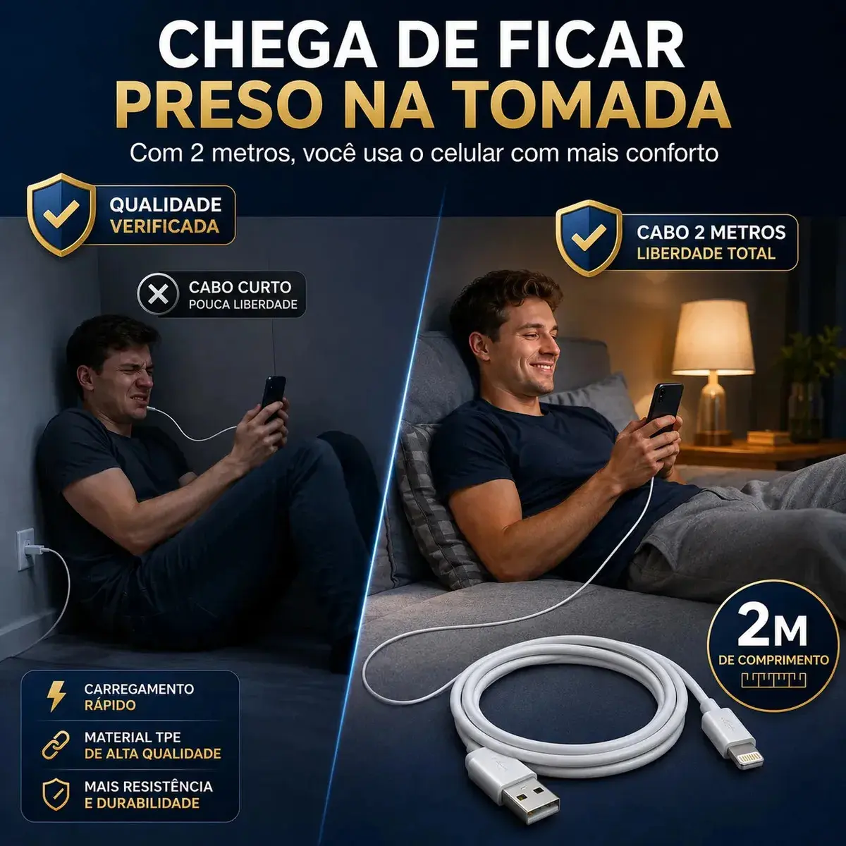 Cabo Carregador Turbo Usb 2 Metros Compatível Com iPhone 6 7 8 X Xr Xs 11 12 13 14 Pro Max iPad E iPod Ultra Resistente Design Clássico Carregamento Rápido Sincronização De Dados Eletric Teck thumbnail 7