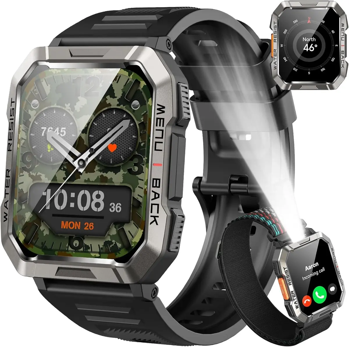 IOWODO Relógio Militar Smartwatch Masculino 2.01" - Bateria 30 Dias / 100 Standby, Lanterna LED, Chamadas Bluetooth, 100+ Modos Esportivos, IP68 - Preto