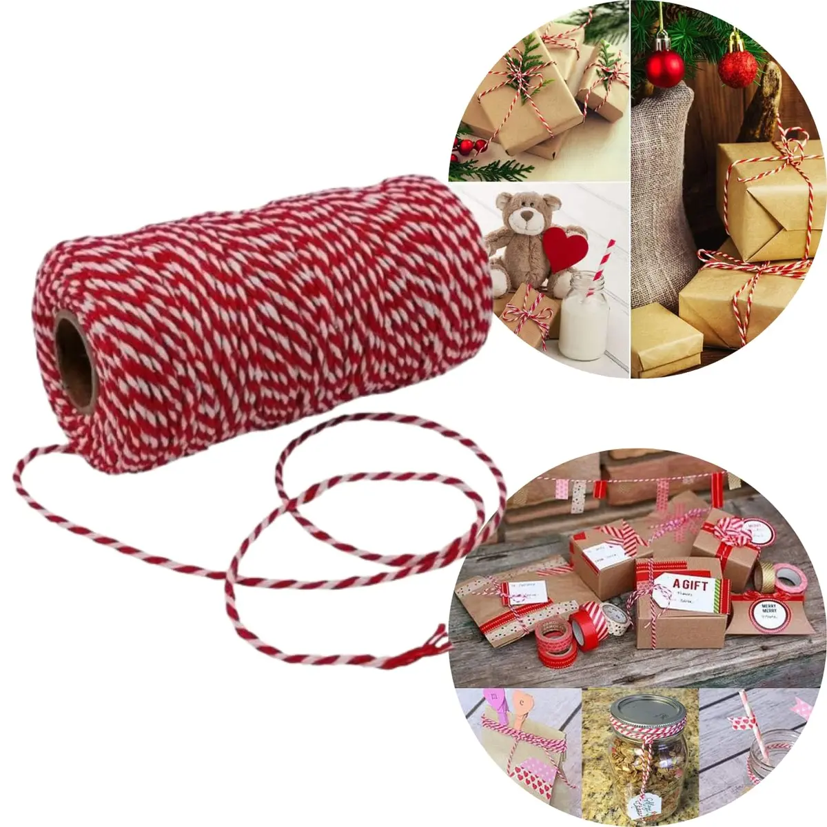 Barbante Twine Bicolor 100 METROS Cordão De Algodão Vermelho e Branco-Barbante Decoração Artesanato (Vermelho) - 1