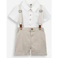 conjunto infantil suspensório linho bege - 1