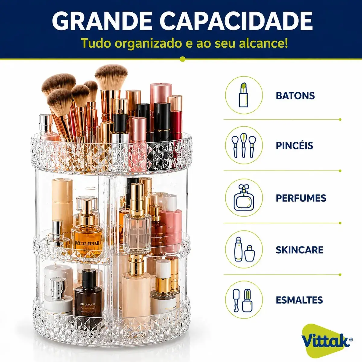 Vittak Organizador Maquiagem Cosméticos Batom Acrílico Giratório 360º Ajustável thumbnail 2