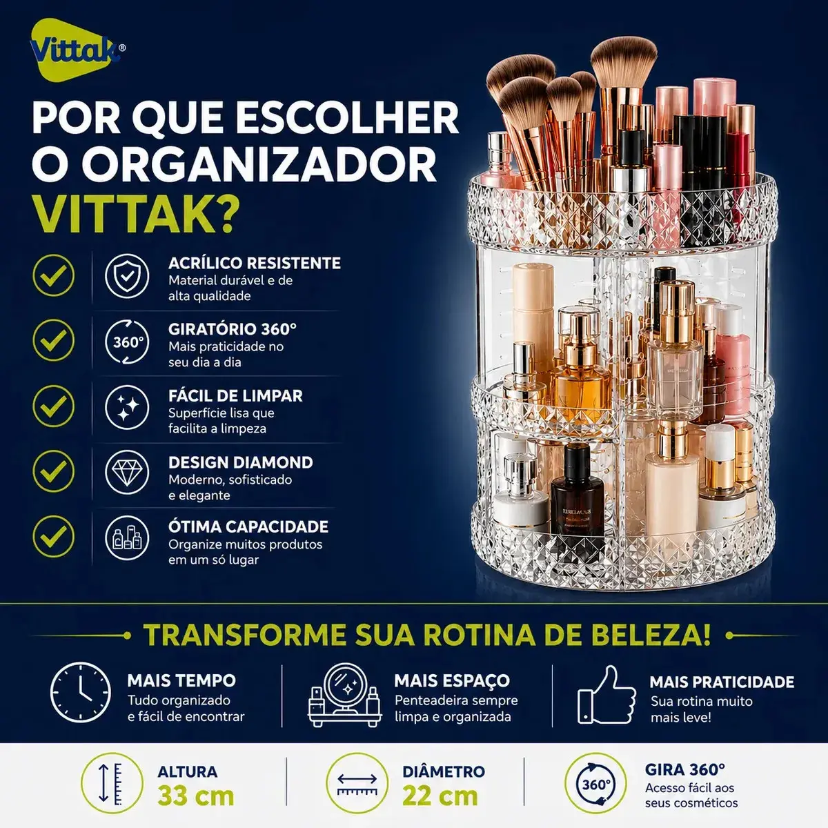 Vittak Organizador Maquiagem Cosméticos Batom Acrílico Giratório 360º Ajustável thumbnail 7