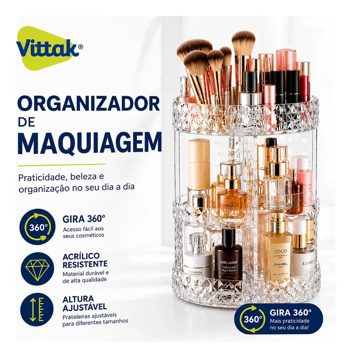 Vittak Organizador Maquiagem Cosméticos Batom Acrílico Giratório 360º Ajustável thumbnail 8