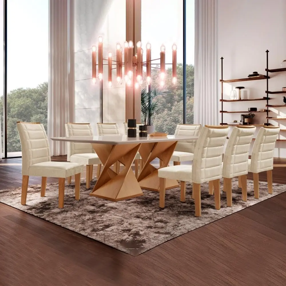 Conjunto Sala De Jantar Genova Tampo Vidro/mdf com 8 Cadeiras Genova Smart Plus Cel Móveis Cinamomo/off White/bege
