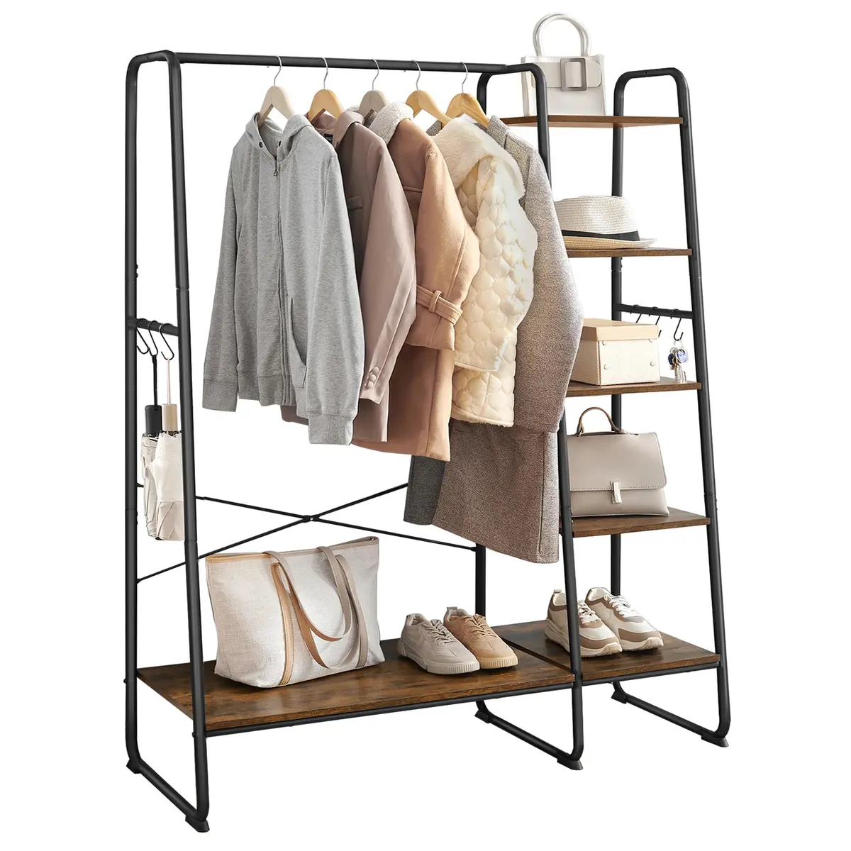 VASAGLE Cabideiro, Suporte para Roupas com Prateleira para Sapatos, Estante de Armazenamento de 5 Níveis, 6 Ganchos Laterais, para Quarto, Sala de Estar, Preto Fosco e Marrom Rústico BRRGR116B01