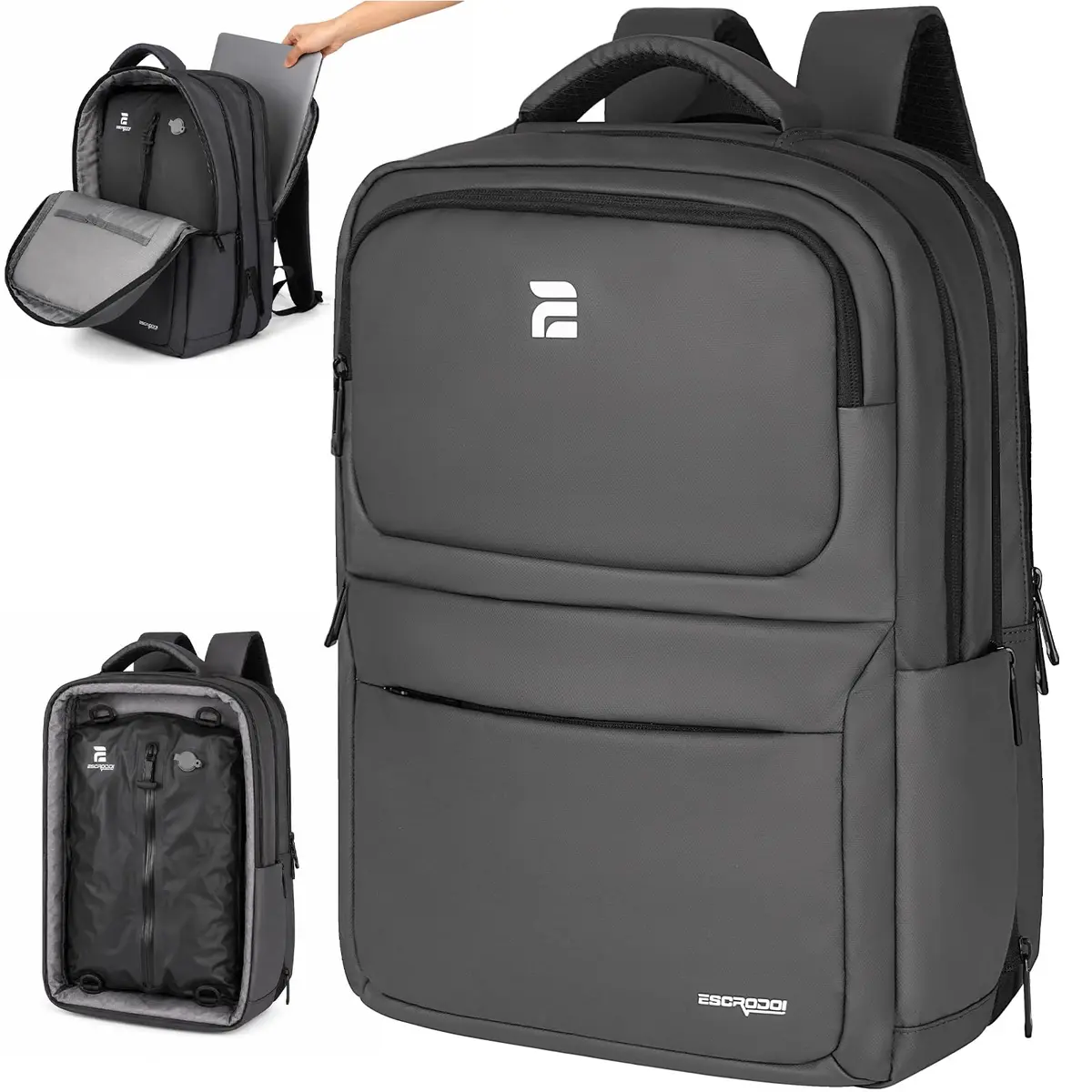 ESCRODOI Mochila Vacuo com Bomba e Saco a Vacuo Independentes, Mochila Viagem Expansível a Vácuo de 32L, Acomoda Laptops de 17 Pol, Resistente à Água, Viagens e Deslocamentos Diários, Cinza Escuro - 1