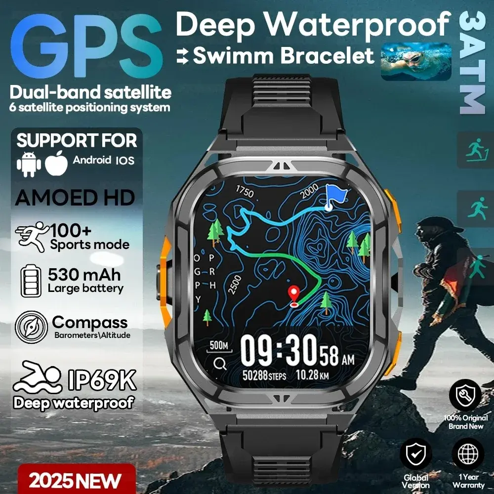 2025 novo gps relógio inteligente masculino 1.96 polegadas hd tela amoled bússola bluetooth chamada 5atm à prova dwaterproof água esporte relógio inteligente para android ios