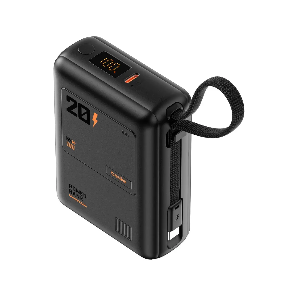 Basike Carregador Portátil 65W, Power Bank 20000mAh Power Delivery(Preto) | Carregamento Rápido com Display LED e Cabo Integrado Tipo-C, Compacto, para iPhone/Samsung/Huawei/Xiaomi
