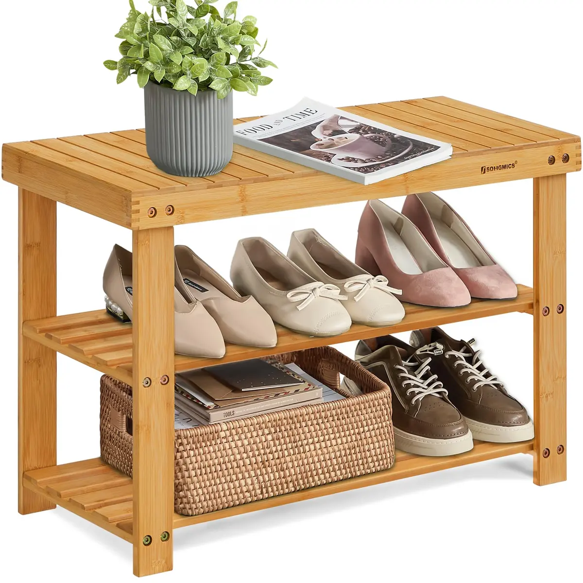 SONGMICS Banco Sapateira Organizador de Sapatos de 3 Níveis em Bambu | Banco para Corredor, Suporta até 130 kg, 28,7 x 70,1 x 45,3 cm, BRLBS04N