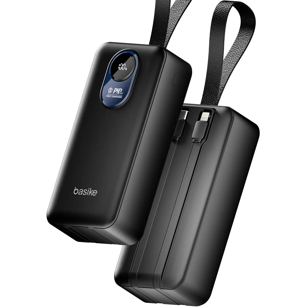 Basike Power Bank 30000mAh, Carregador Portátil, 2 Cabos Integrados (Preto) | Carregamento Rápido, USB-A (até 22,5W, QC) + USB-C (até 20W, PD), Display Digital LED de Bateria, Proteção Inteligente