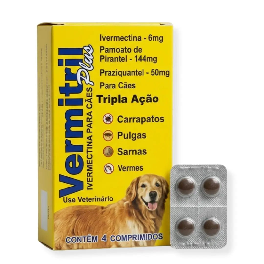 Vermitril Plus - Anti Pulgas, Carrapatos, Vermes E Sarnas 4 Comprimidos 30kg