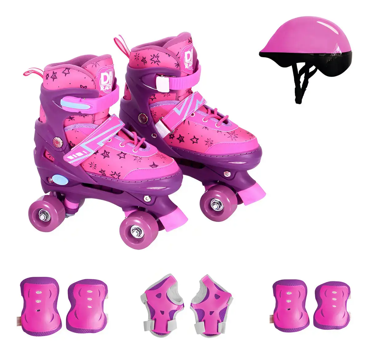 Patins Rosa Roller 4 Rodas com Botão de Ajuste do 34 até 37 com Kit de Proteção Completo DM Toys - 1