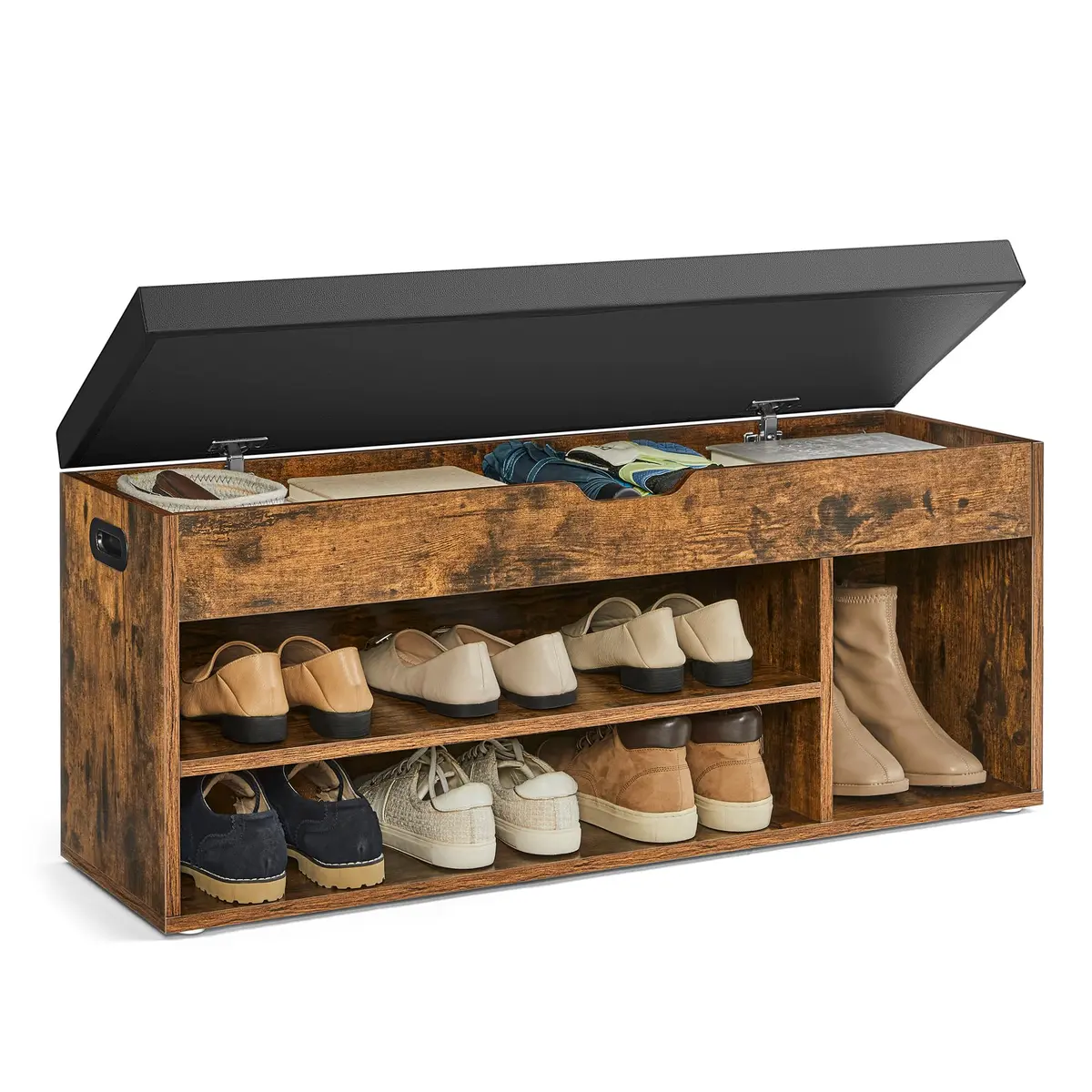 VASAGLE Banco para Sapatos com Almofada, 3 Compartimentos, Espaço Oculto, Prateleiras, para Sala de Estar, Corredor, Quarto, Capacidade 136 kg, Marrom Rústico e Preto Tinta BRLHS130B01