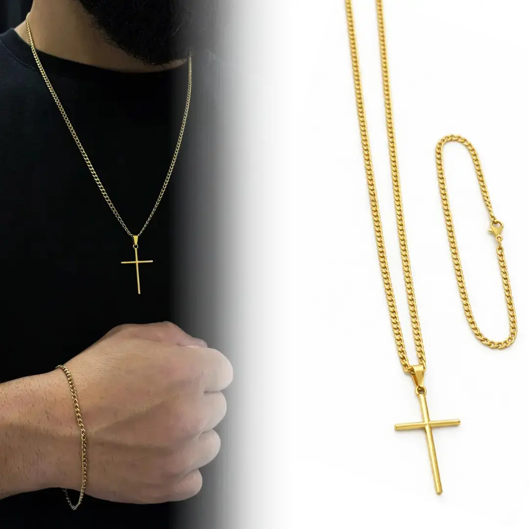 Corrente Cordão Masculino Aço Inox Banhado A Ouro 18k + Pulseira E Pingente Cruz Crucifixo Correntinha Masculina Grumet Gourmet 1x1 Banhada Escama De Peixe Escamada Colar 60cm Inoxidavel Fina 3mm