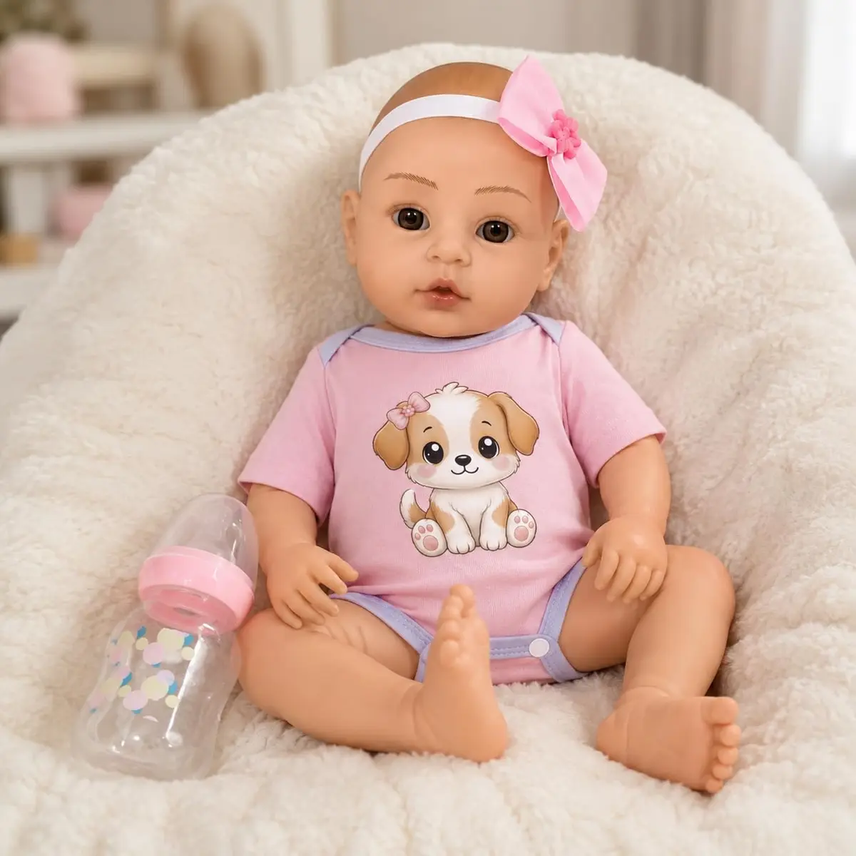 Boneca Bebê Reborn Realista 46cm Vinil Siliconado com Acessórios Body Rosa Cachorro