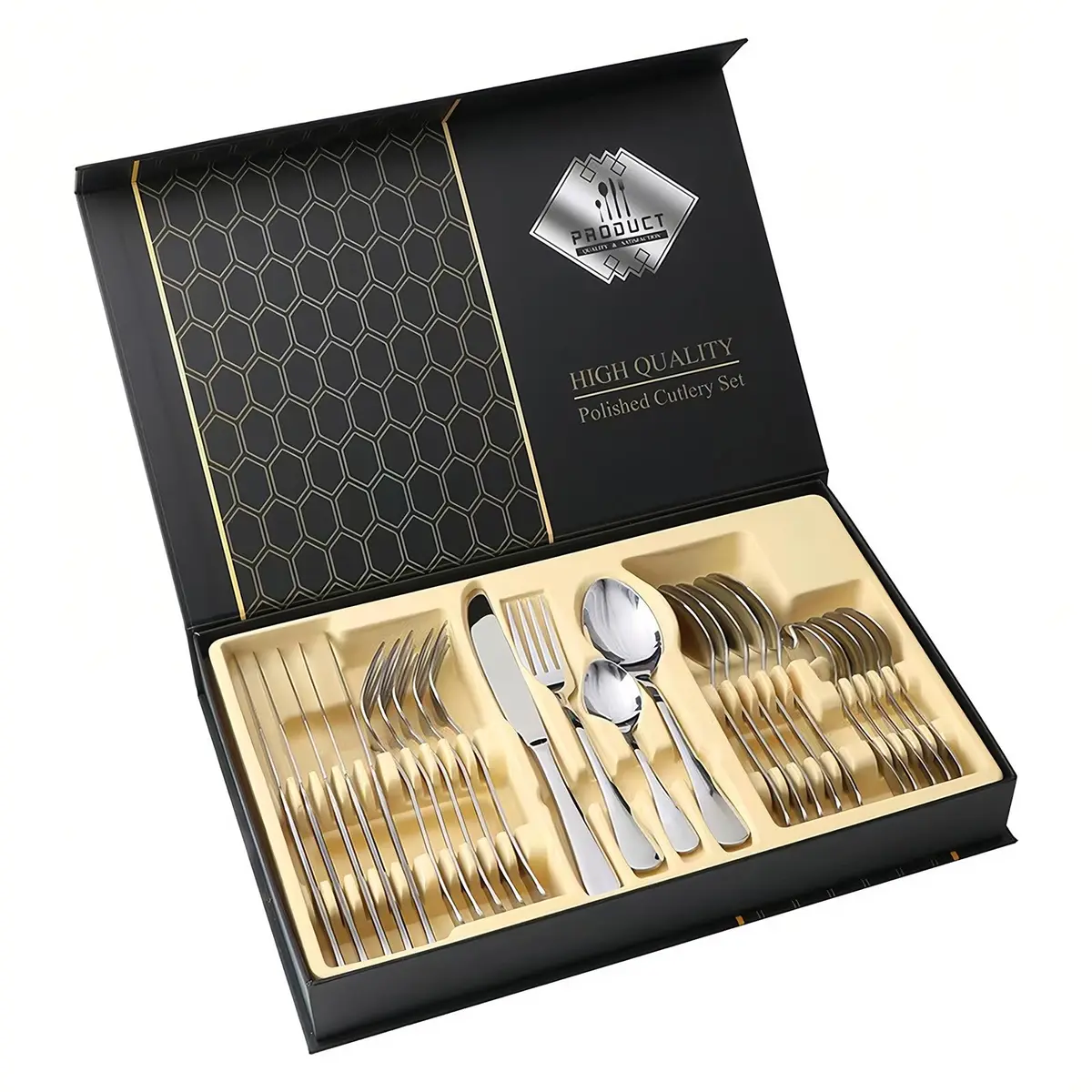 BEMMY 24 Kit Jogo de Talheres, Talheres de aço inoxidável,Caixa de Presente Luxuosa para Talheres, Faca, Garfo e Colher,Jogo Faqueiro Conjunto Aço Inox Luxo Jogo (Prata) - 1