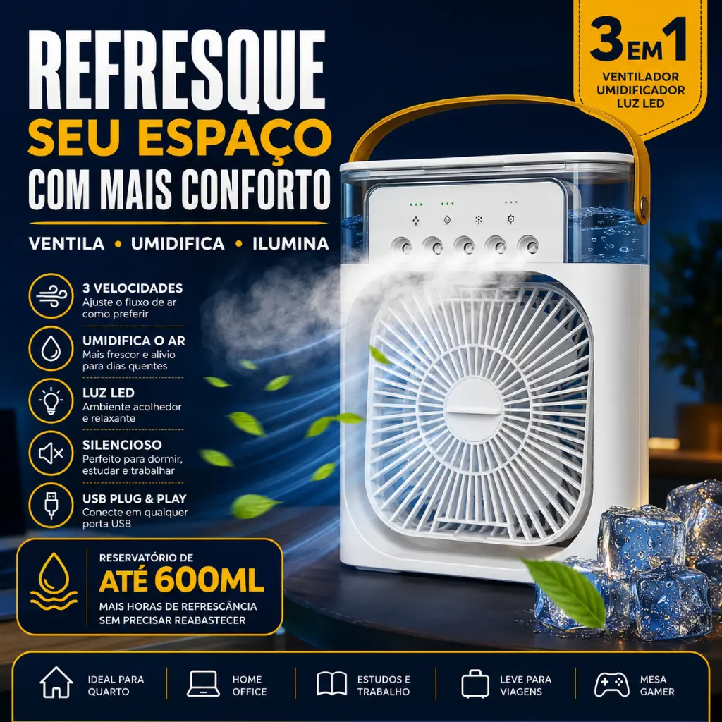 Mini Ar Condicionado Portátil USB 3 em 1 Climatizador Umidificador LED Silencioso 3 Velocidades Mesa - 1