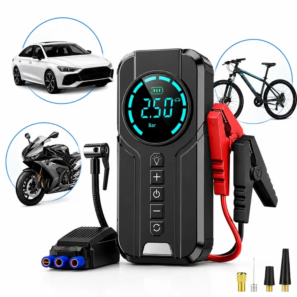 Auxiliar de Partida Carregador Bateria Com Compressor de Ar Emergência Portátil Veicular Automotivo
