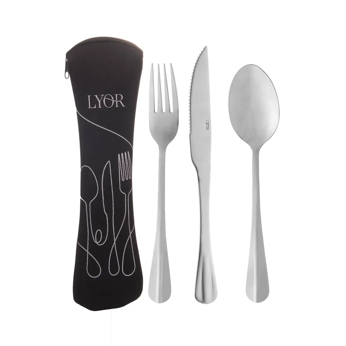 LYOR - Conjunto 4 peças Estojo de Neoprene Preto com 3 Talheres Positano Aço Inox - 1
