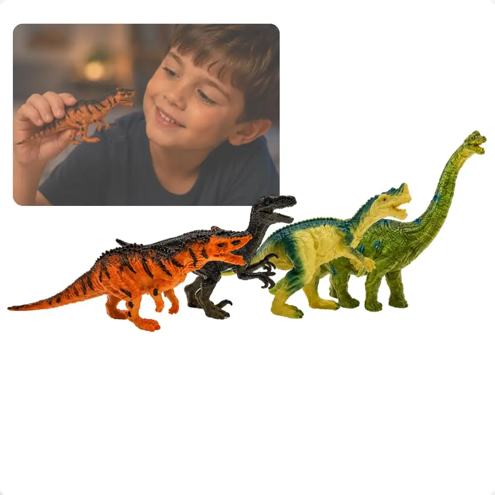 Kit com 4 Dinossauros de Brinquedo, Miniaturas Realistas, 15cm de Comprimento, Estimula Criatividade, Plástico e Borracha.