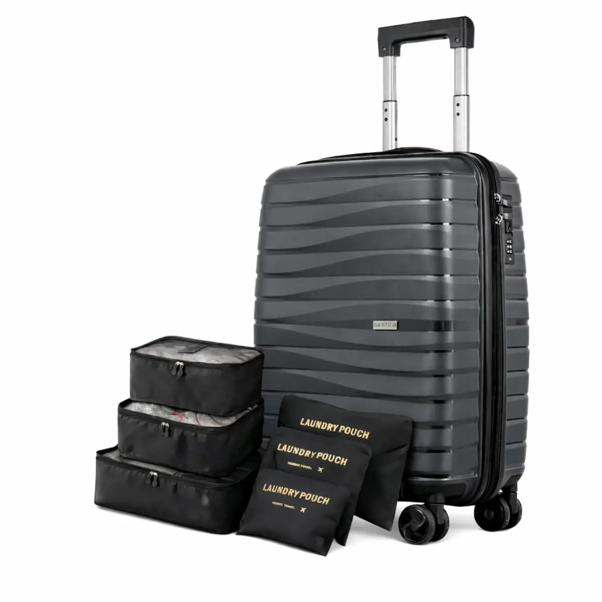 Mala Bordo 10kg em Polipropileno Ultra Resistente, Cadeado Integrado Personalizável, Rodinhas 360º + Kit Organizador Necessaire 6 pçs de Viagem Sestini (Polipropileno, Essencial Grafite)