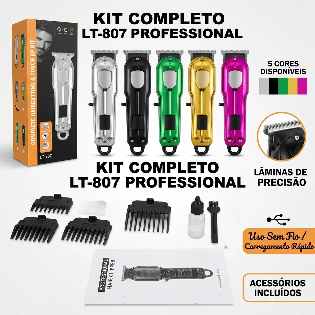 Maquina De Cortar Cabelo Profissional LT807 Barbeiro Kit Completo Com Pentes Recarregável - 1